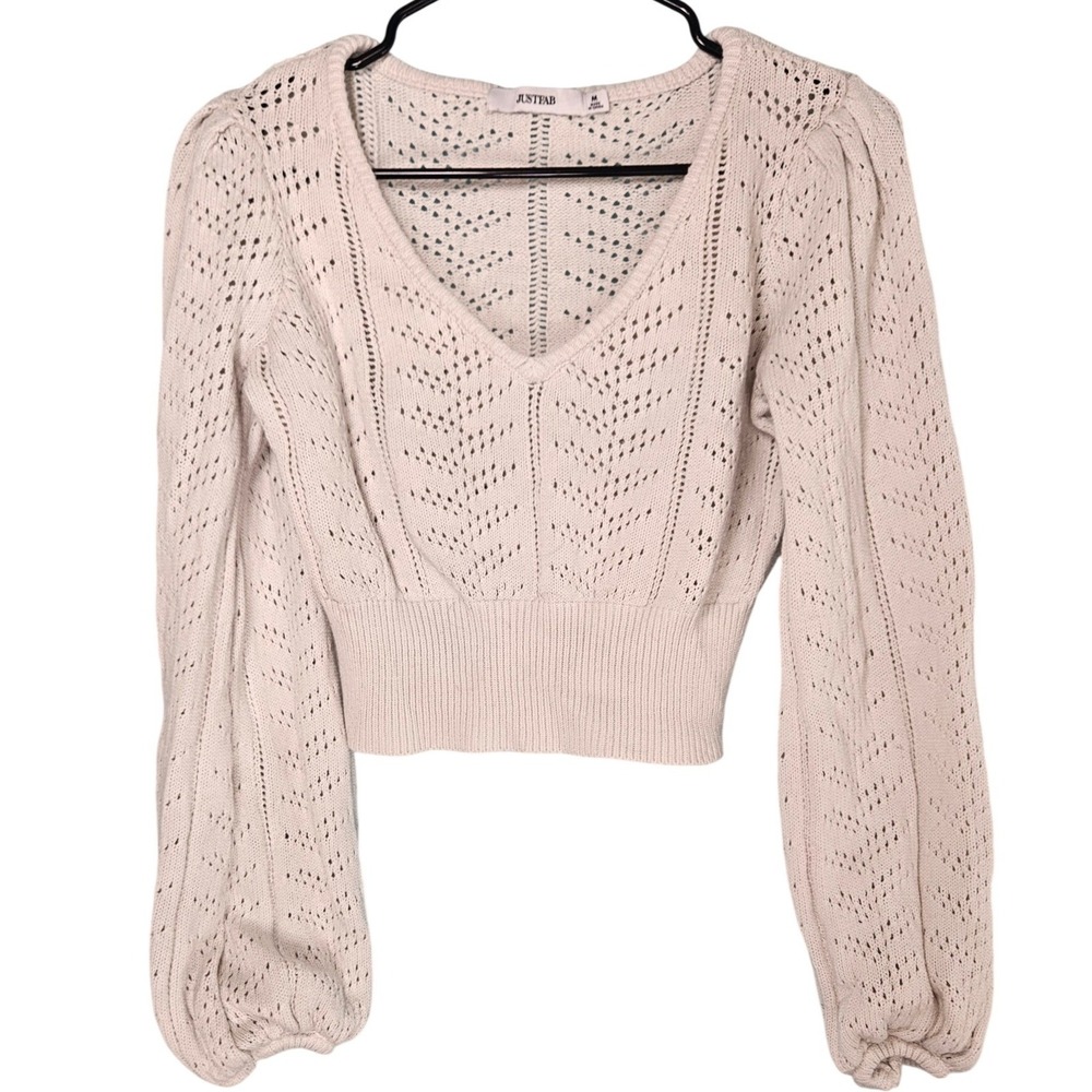 JustFab Womens White Pointelle Knit Cropped‎ Puff Sleeve V-Neck Sweater Size M